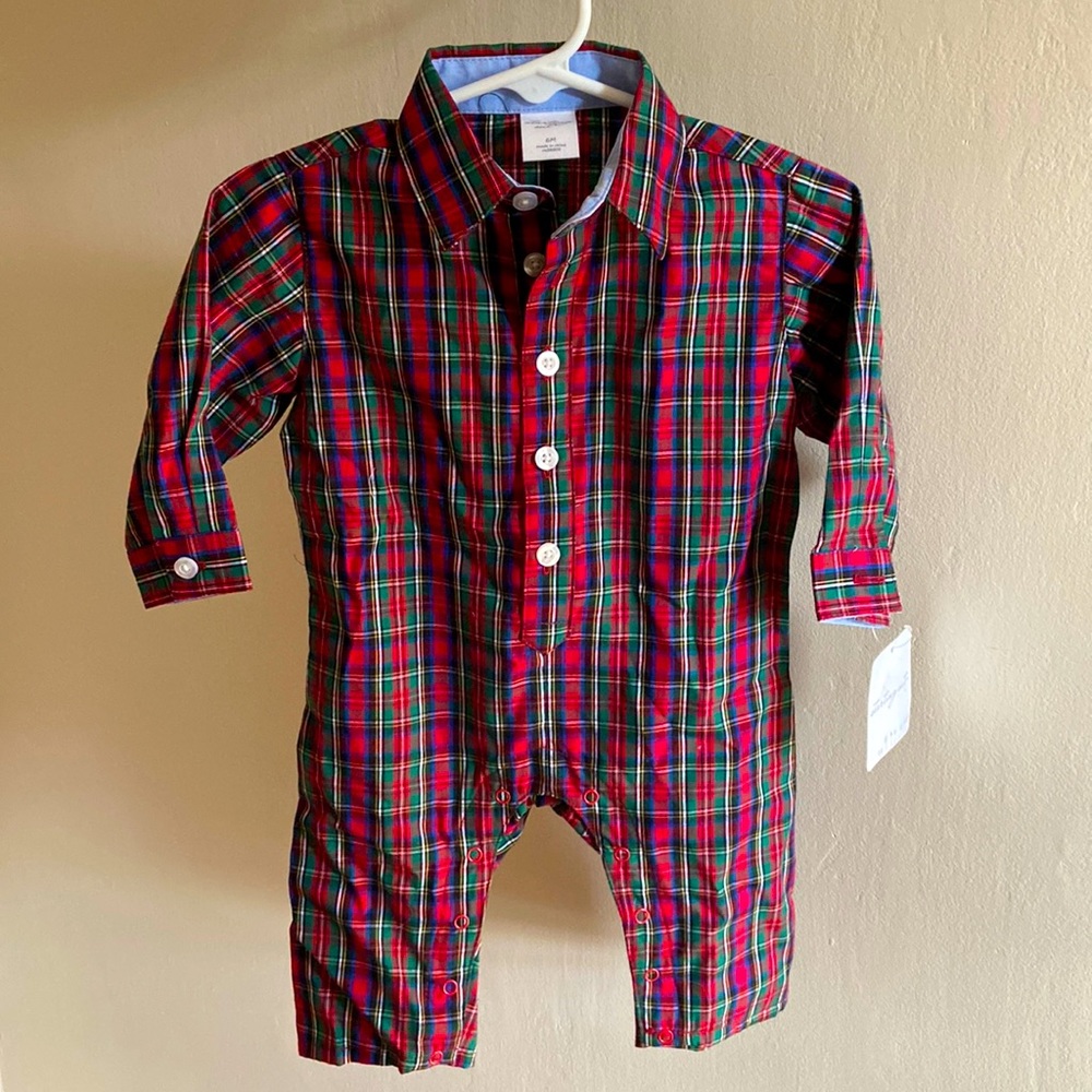 Starting Out one piece dressy plaid jumper size 6 mo.  NWT